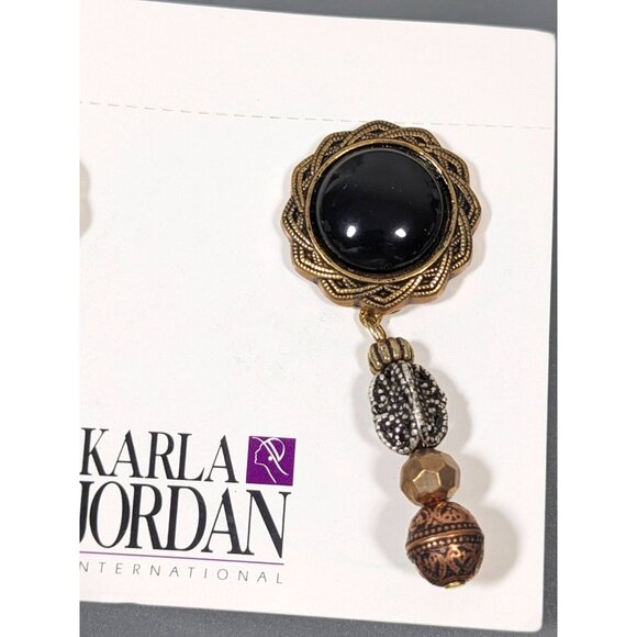 Vintage Karla Jordan Black Onyx Brass Copper Stacked Bead Dangle Pierced Earring - Picture 3 of 7